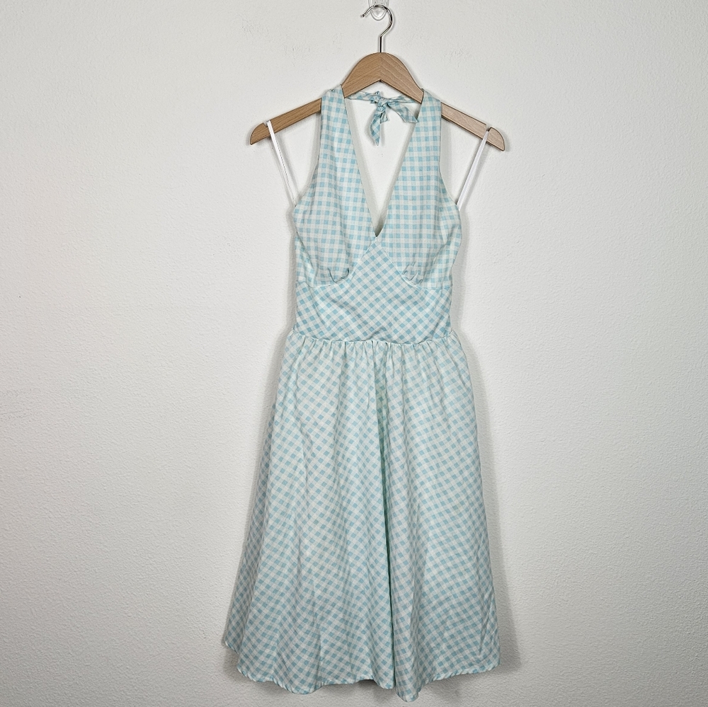 Zachary's Smile NYC Gingham Halter Midi Dress Light Blue Sz S